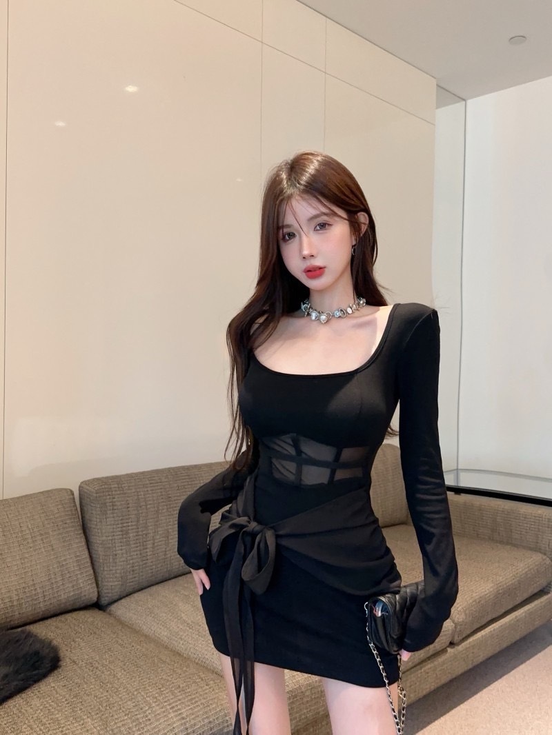 2420黑色长神方领透视园纱露腰性感连衣裙 (6)