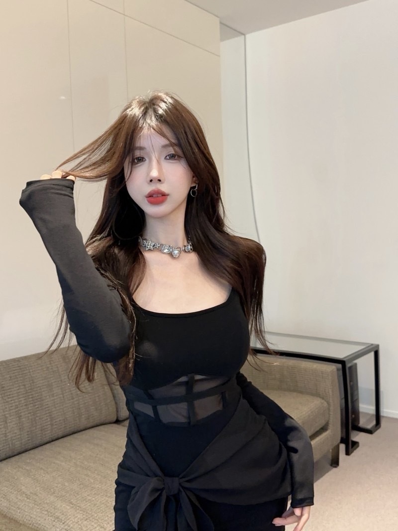 2420黑色长神方领透视园纱露腰性感连衣裙 (2)