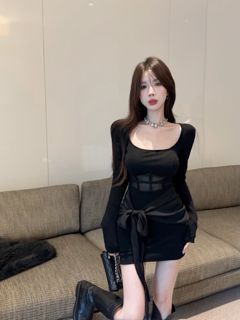 2420黑色长神方领透视园纱露腰性感连衣裙 (5)