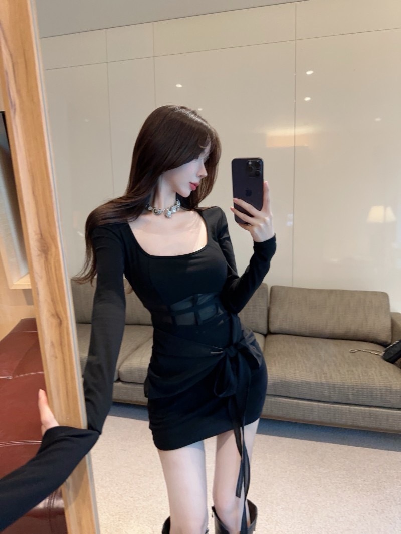 2420黑色长神方领透视园纱露腰性感连衣裙 (4)