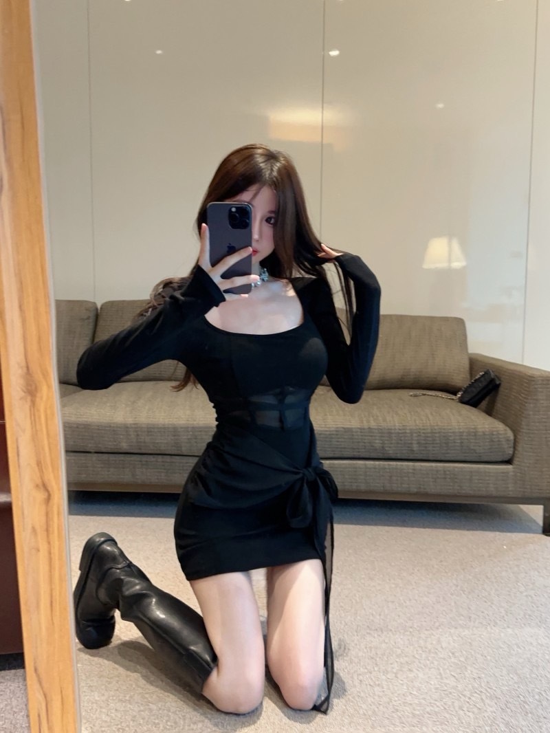 2420黑色长神方领透视园纱露腰性感连衣裙