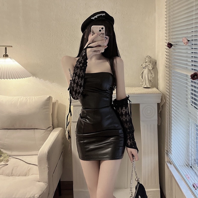 8539性感暗黑系仿皮排胸修身包臀(送蕾丝手套) (4)