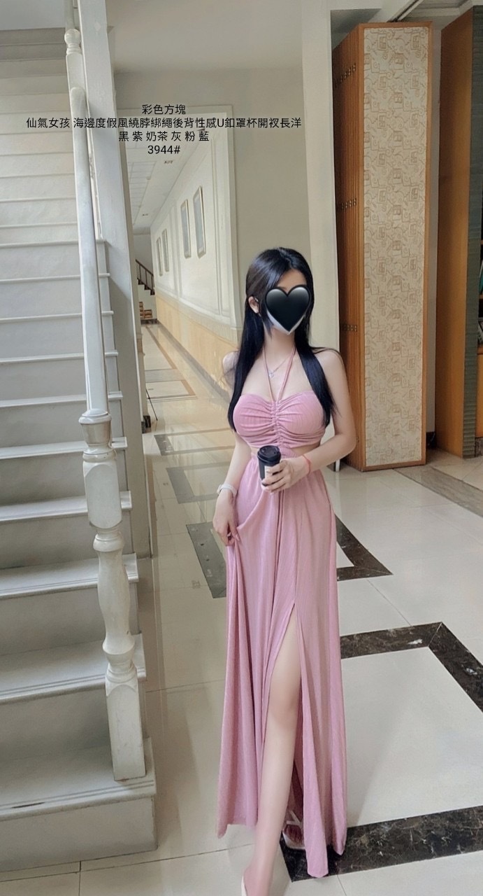 3944海邊度假風繞脖綁繩後背性感U釦罩杯開衩長洋 (4)