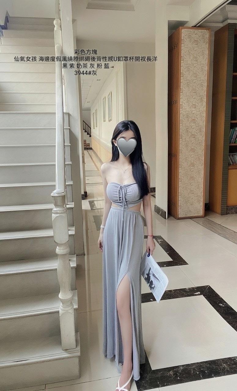 3944海邊度假風繞脖綁繩後背性感U釦罩杯開衩長洋 (5)