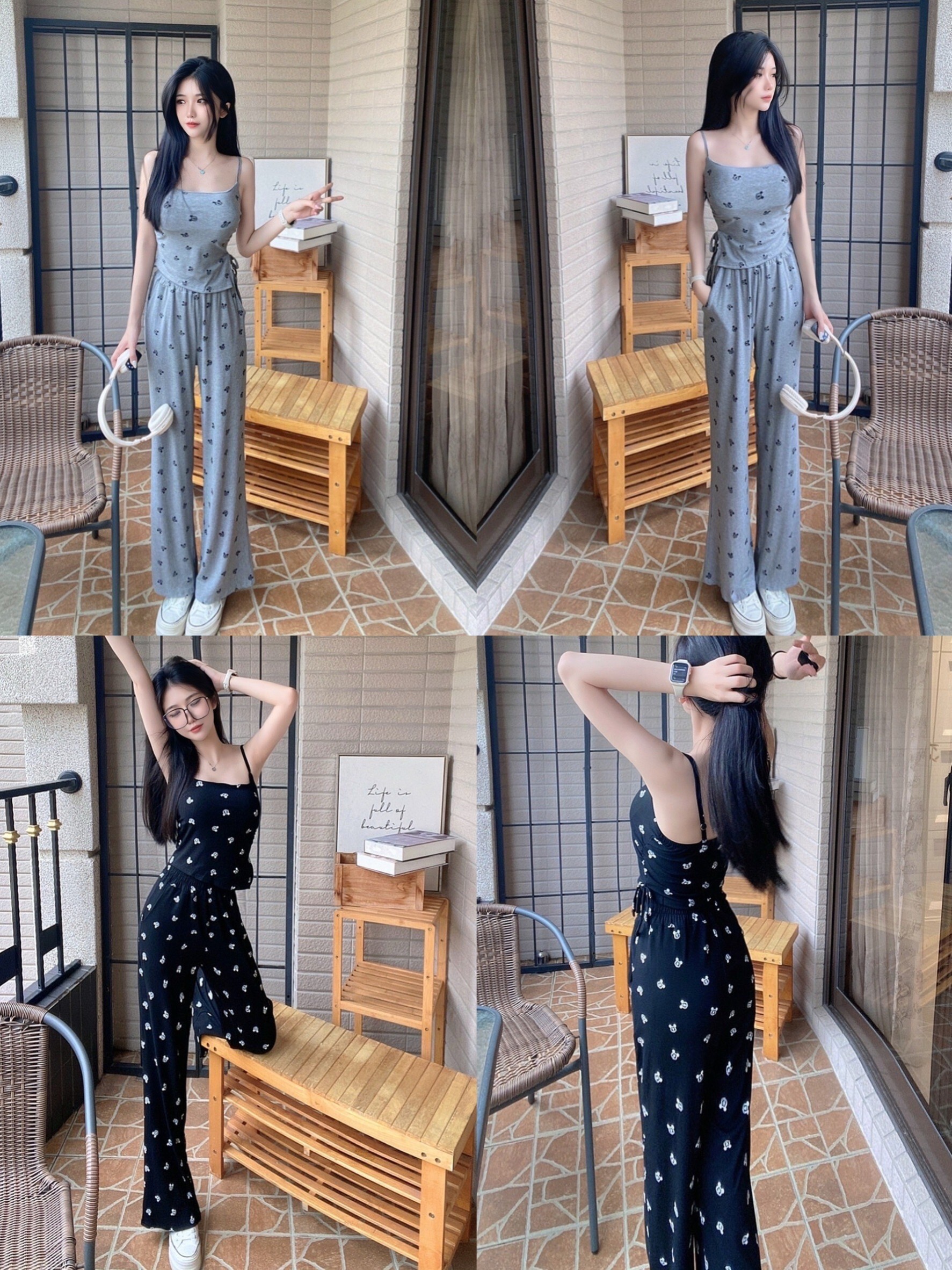 8225可謂調細肩小開衩罩杯綁帶背心+休閒彈性喇叭寬褲組 (5)