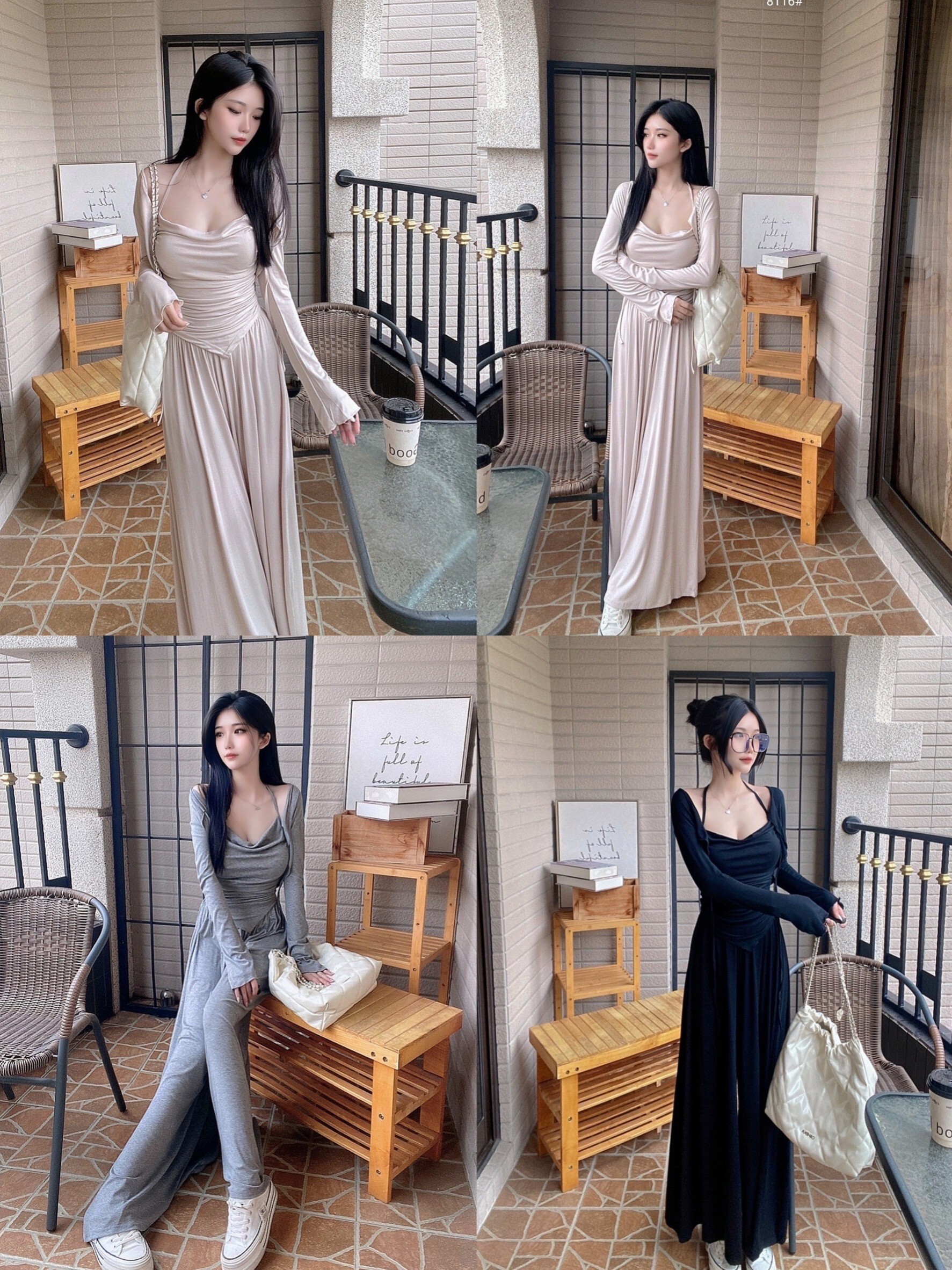 8116盪領吊帶繞脖背心+外衫+褶皺落地寬褲 (5)