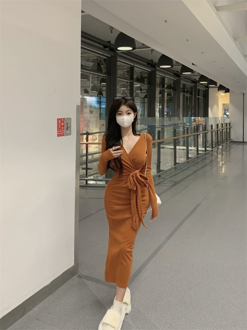 1326 V领綁帶開叉內搭魔毛連衣裙 (6)