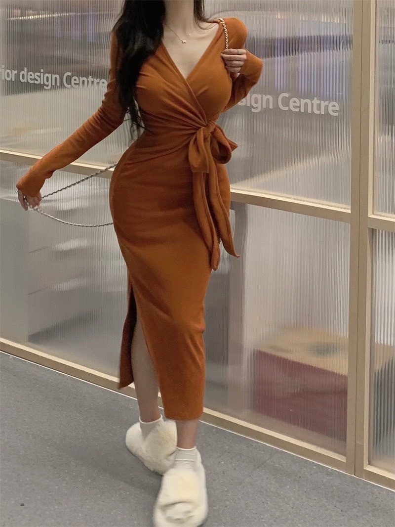 1326 V领綁帶開叉內搭魔毛連衣裙 (5)