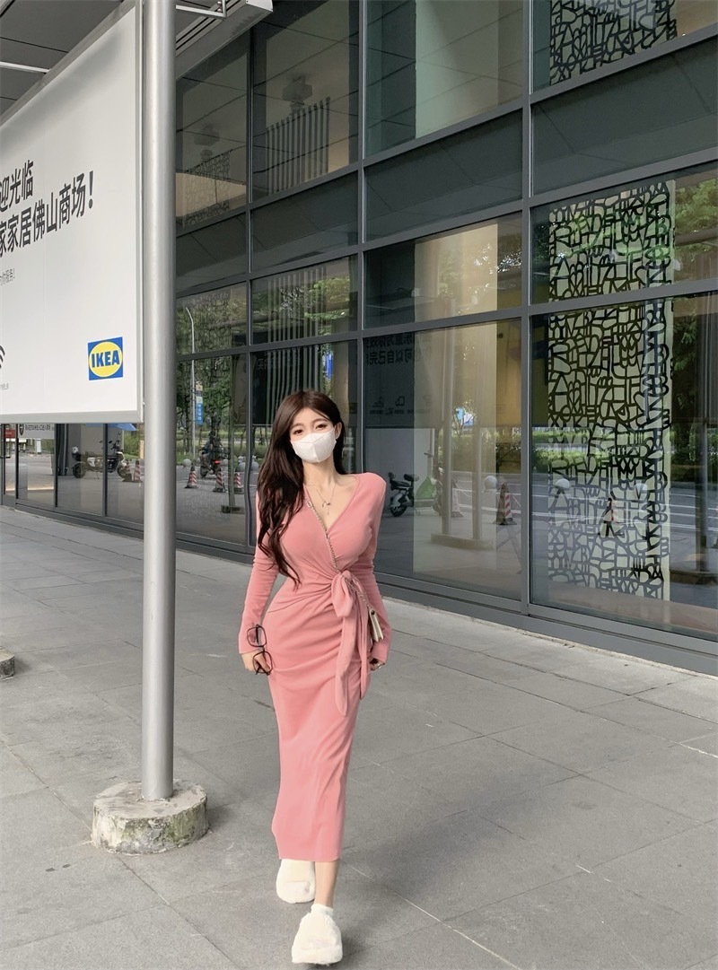 1326 V领綁帶開叉內搭魔毛連衣裙 (7)