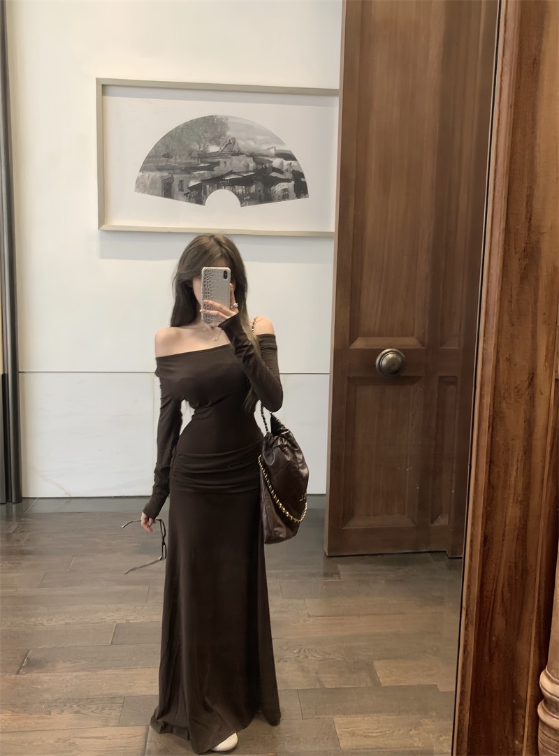 2382腰部皺摺一字顯瘦斜肩連衣裙 (5)