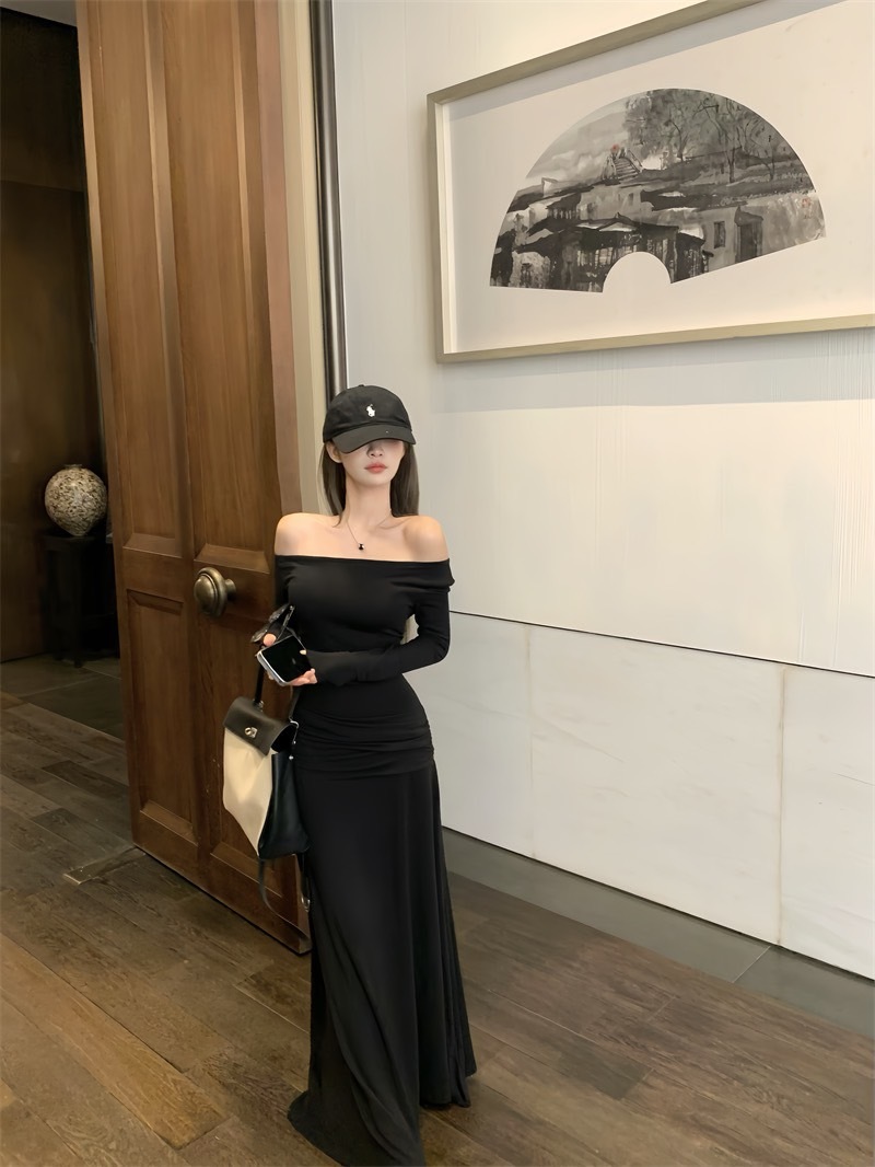 2382腰部皺摺一字顯瘦斜肩連衣裙 (3)