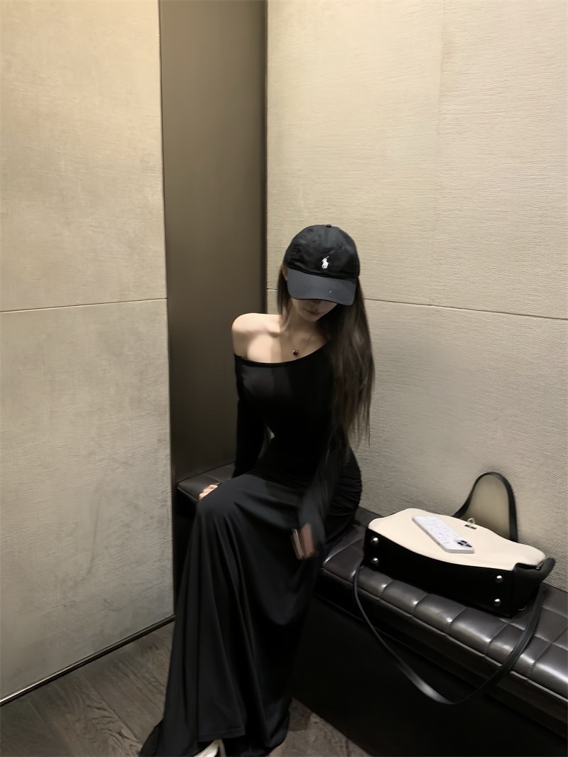 2382腰部皺摺一字顯瘦斜肩連衣裙 (2)