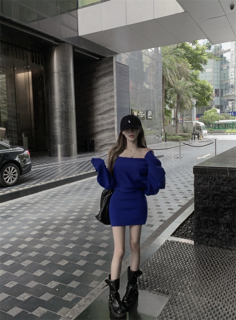 2378不规则斜肩一字领毛衣收腰连衣裙 (7)