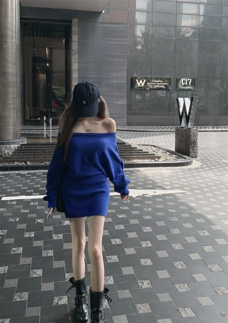 2378不规则斜肩一字领毛衣收腰连衣裙 (6)