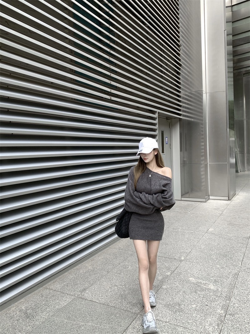 2378不规则斜肩一字领毛衣收腰连衣裙 (4)