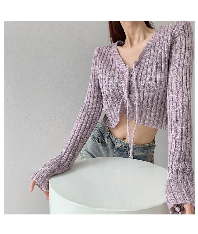 02728秋款小V领绑绳系带修身针织打底衫 (3)