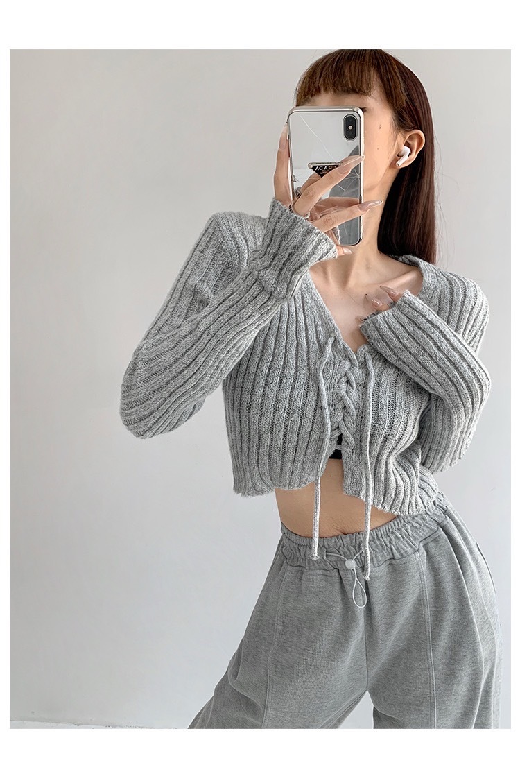 02728秋款小V领绑绳系带修身针织打底衫 (2)