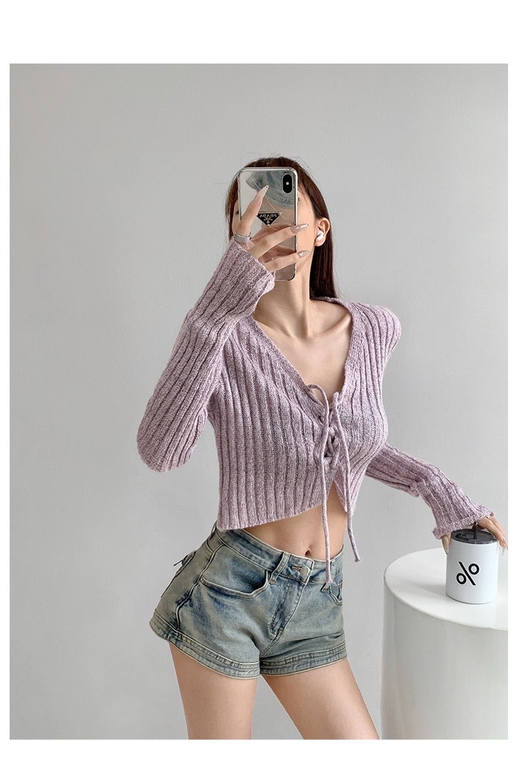 02728秋款小V领绑绳系带修身针织打底衫 (4)