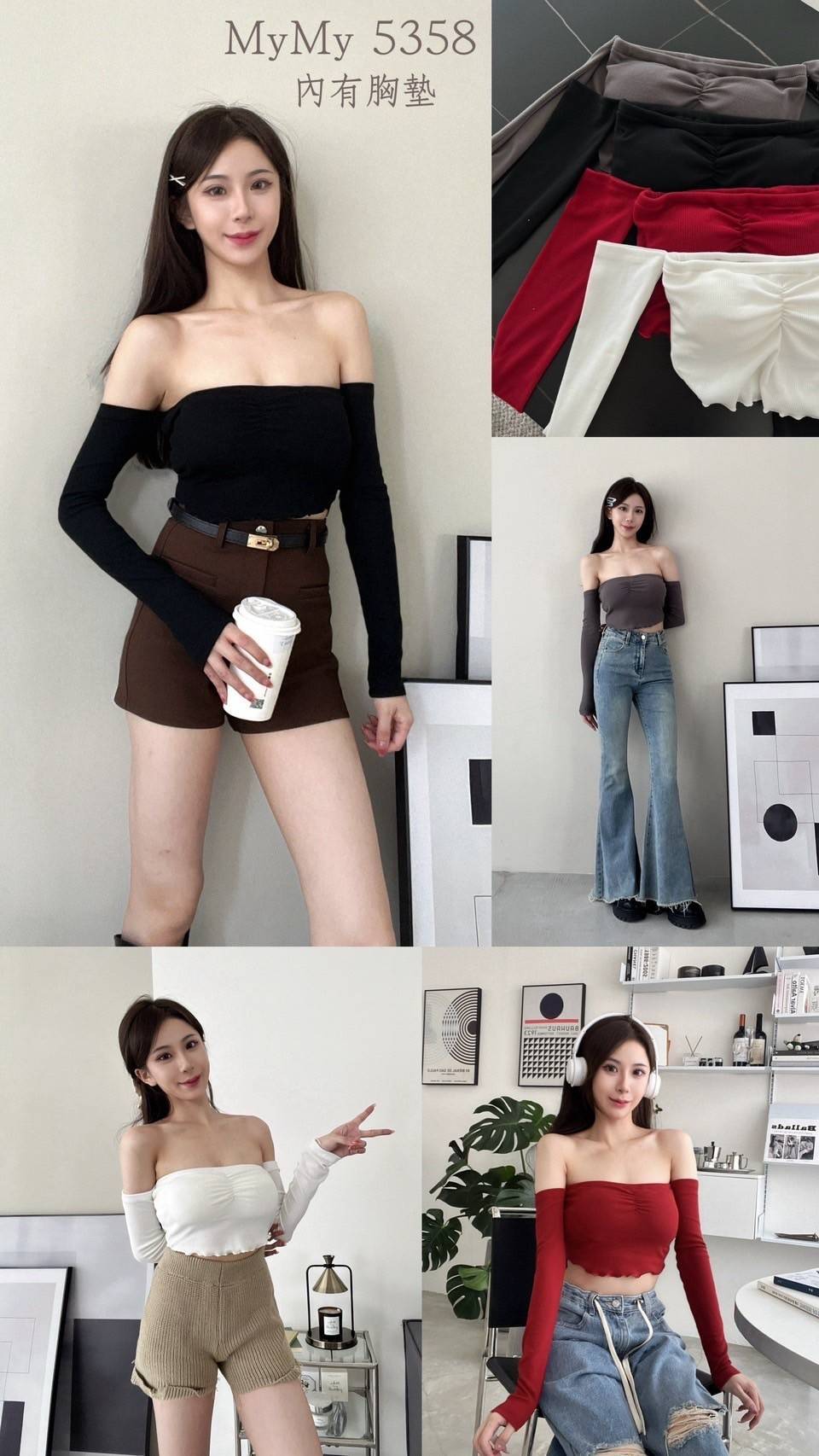 5358自訂款純欲顯胸斷袖上衣（含胸墊）