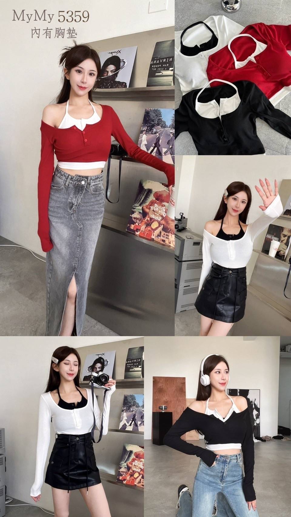 5359自訂款經典繞脖配色開釦上衣（含胸墊）