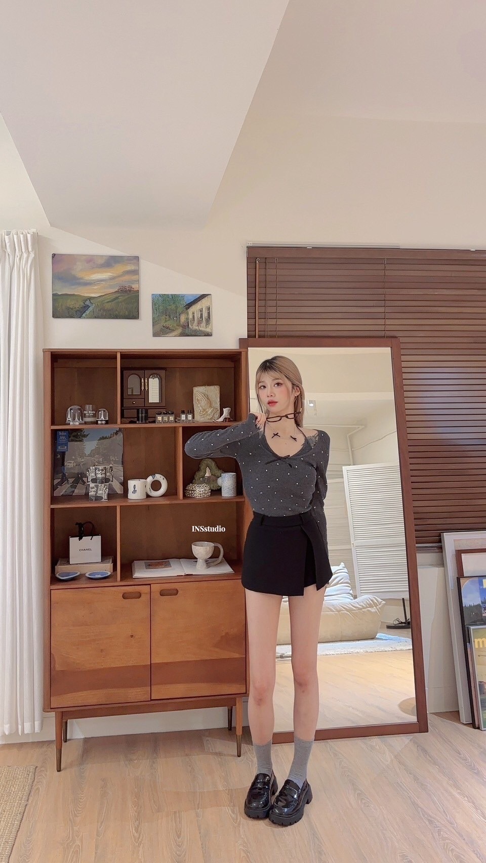 3221【溫柔小甜心🫧】假兩件波点挂脖U领短款针织衫 (9)