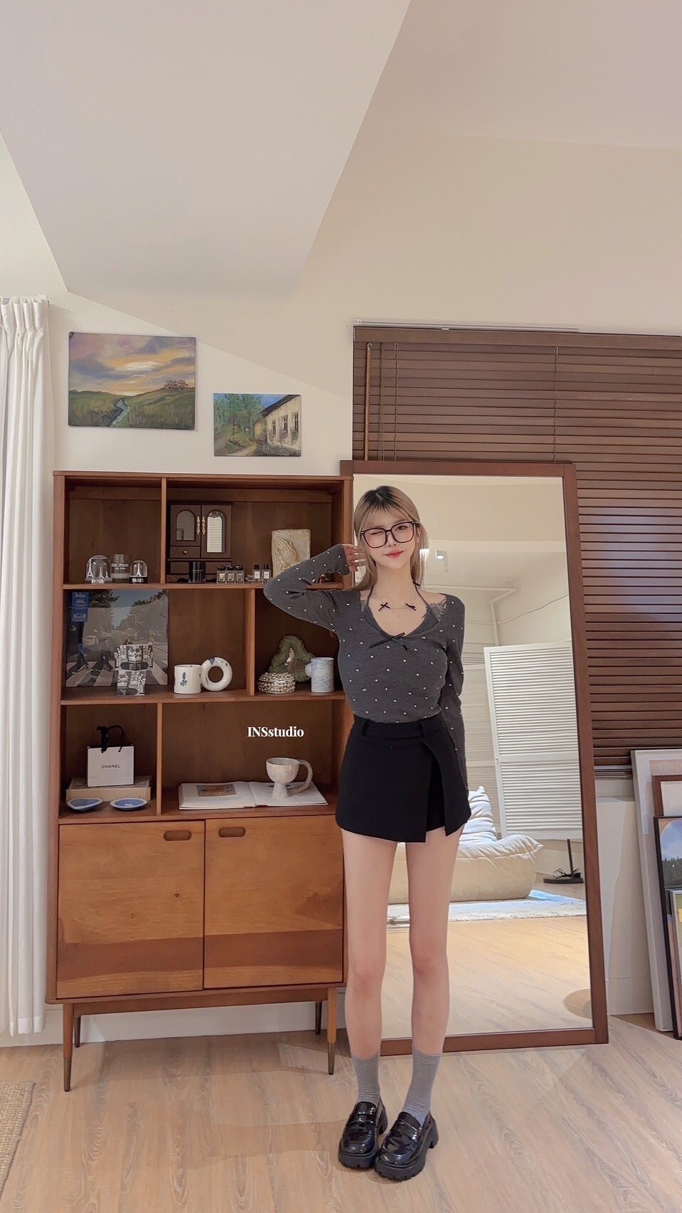 3221【溫柔小甜心🫧】假兩件波点挂脖U领短款针织衫 (8)