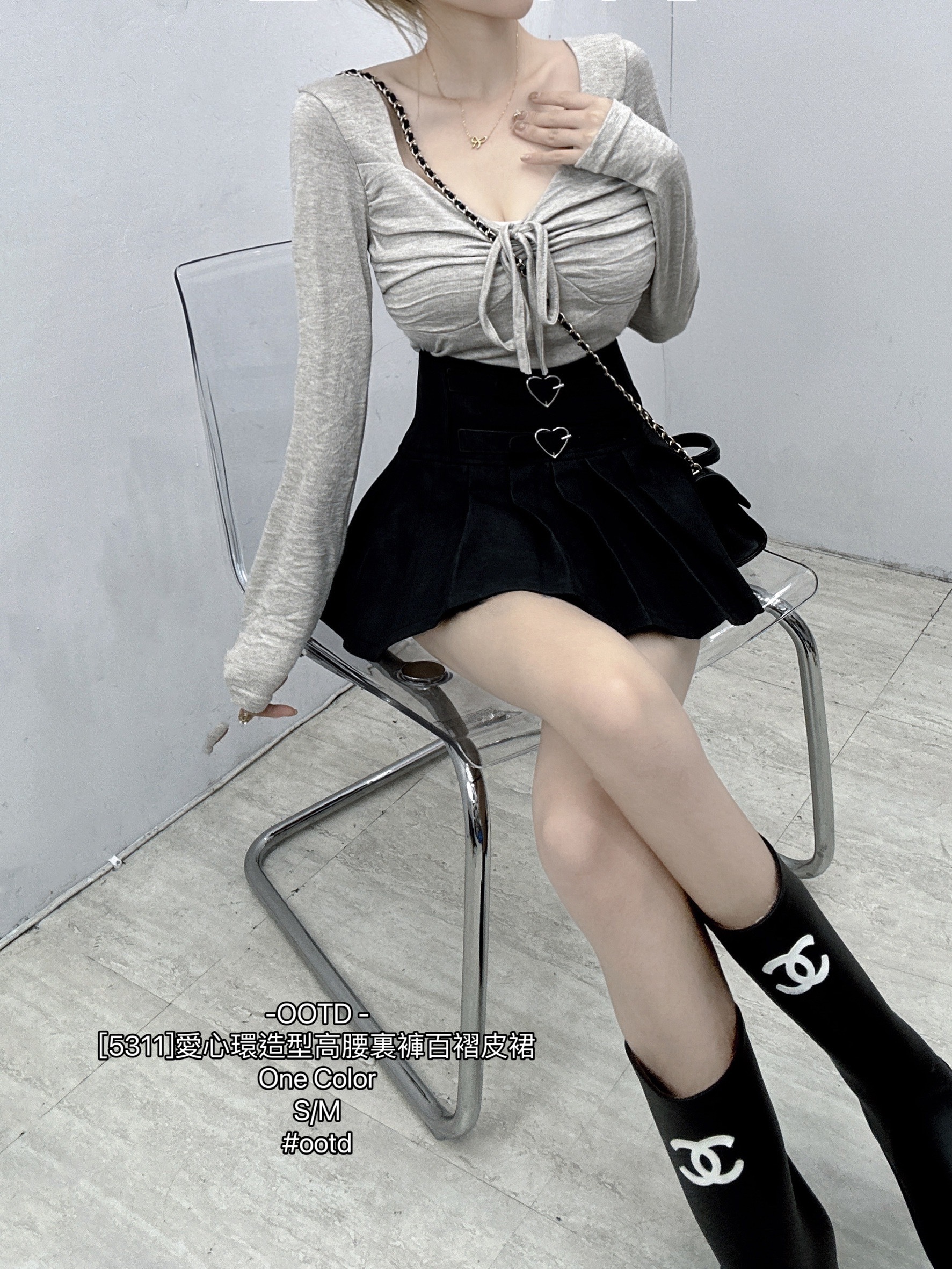 [5311]愛心環造型高腰裏褲百褶皮裙 (4)