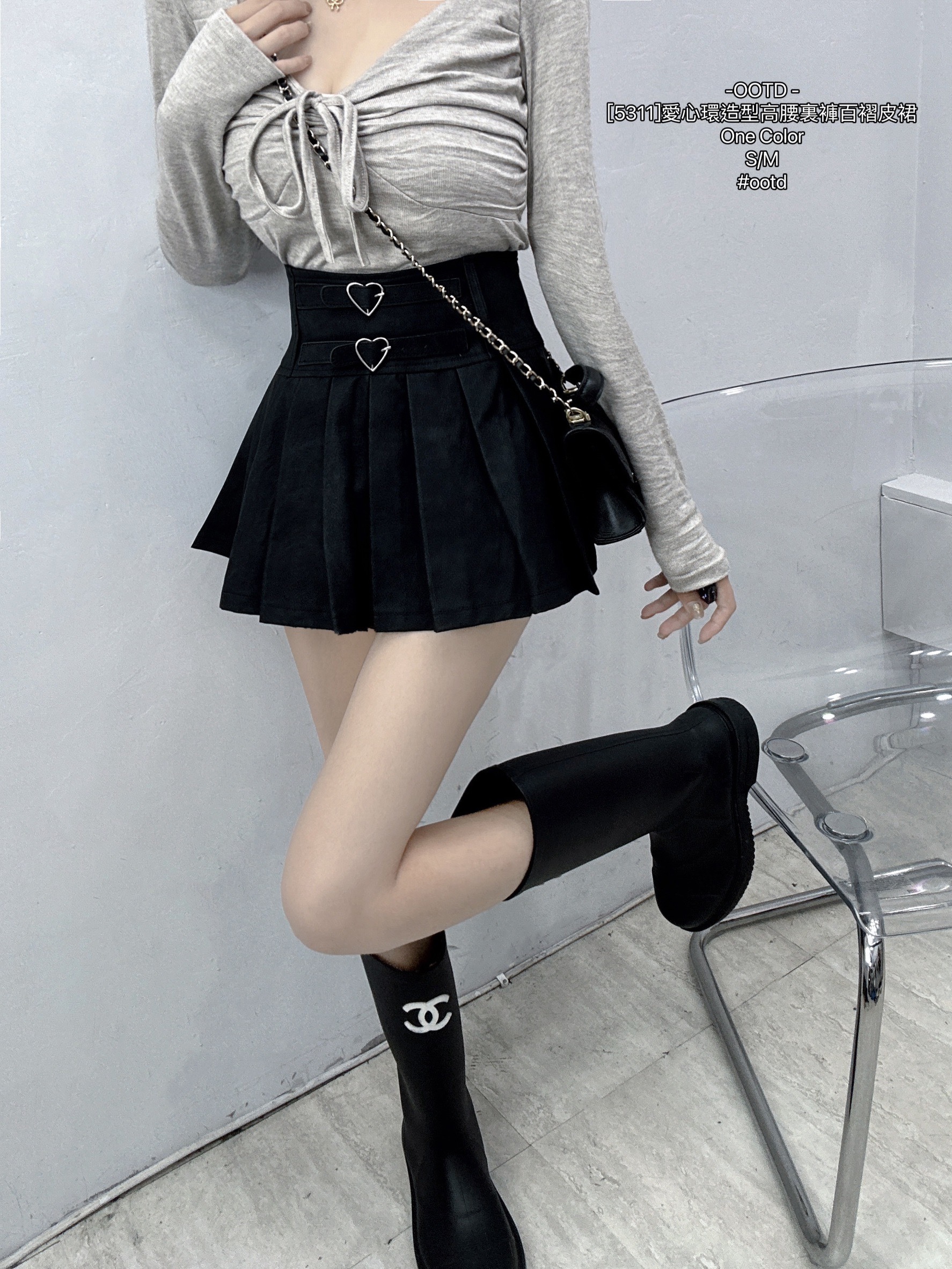 [5311]愛心環造型高腰裏褲百褶皮裙 (3)