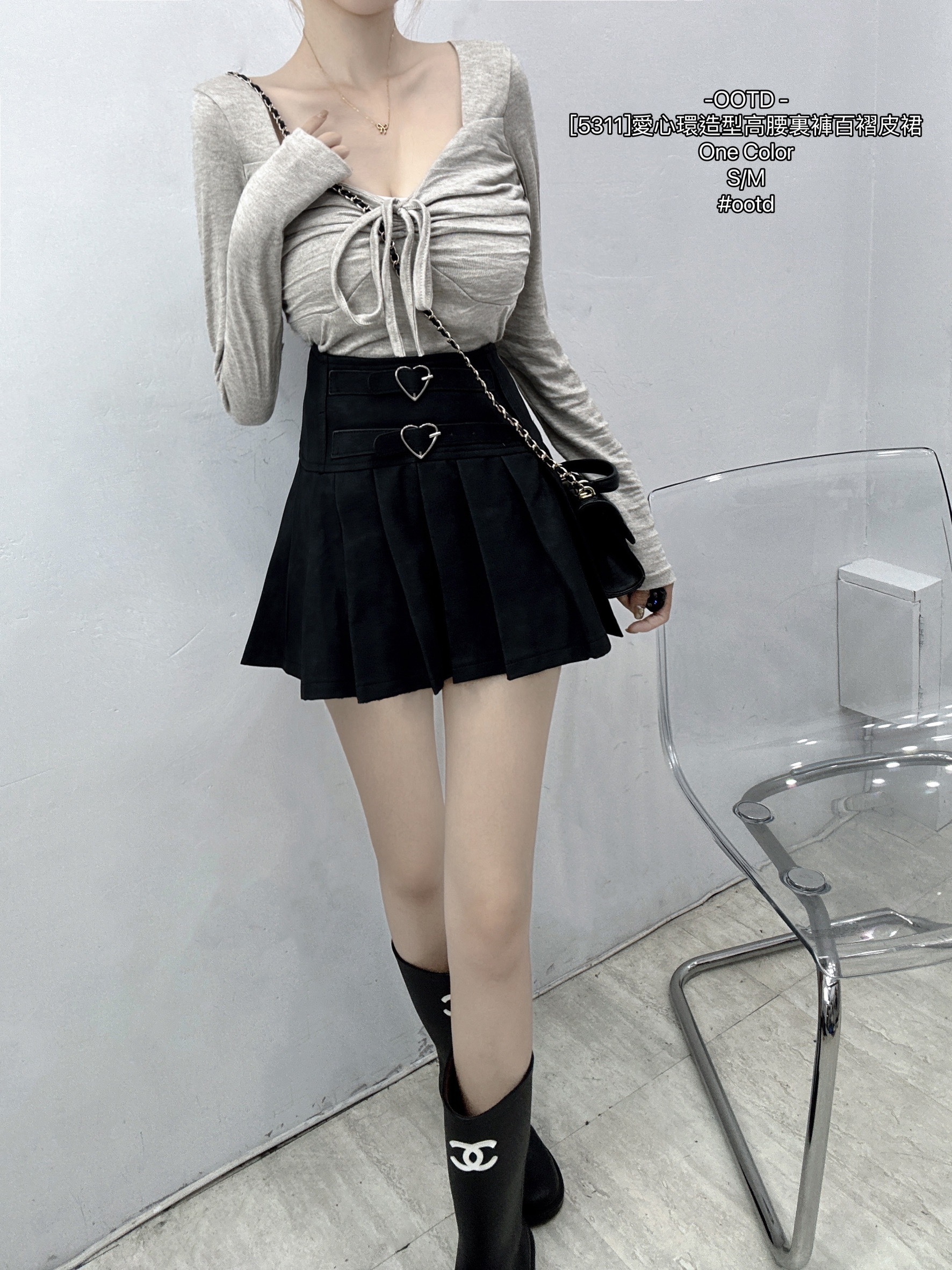 [5311]愛心環造型高腰裏褲百褶皮裙 (2)