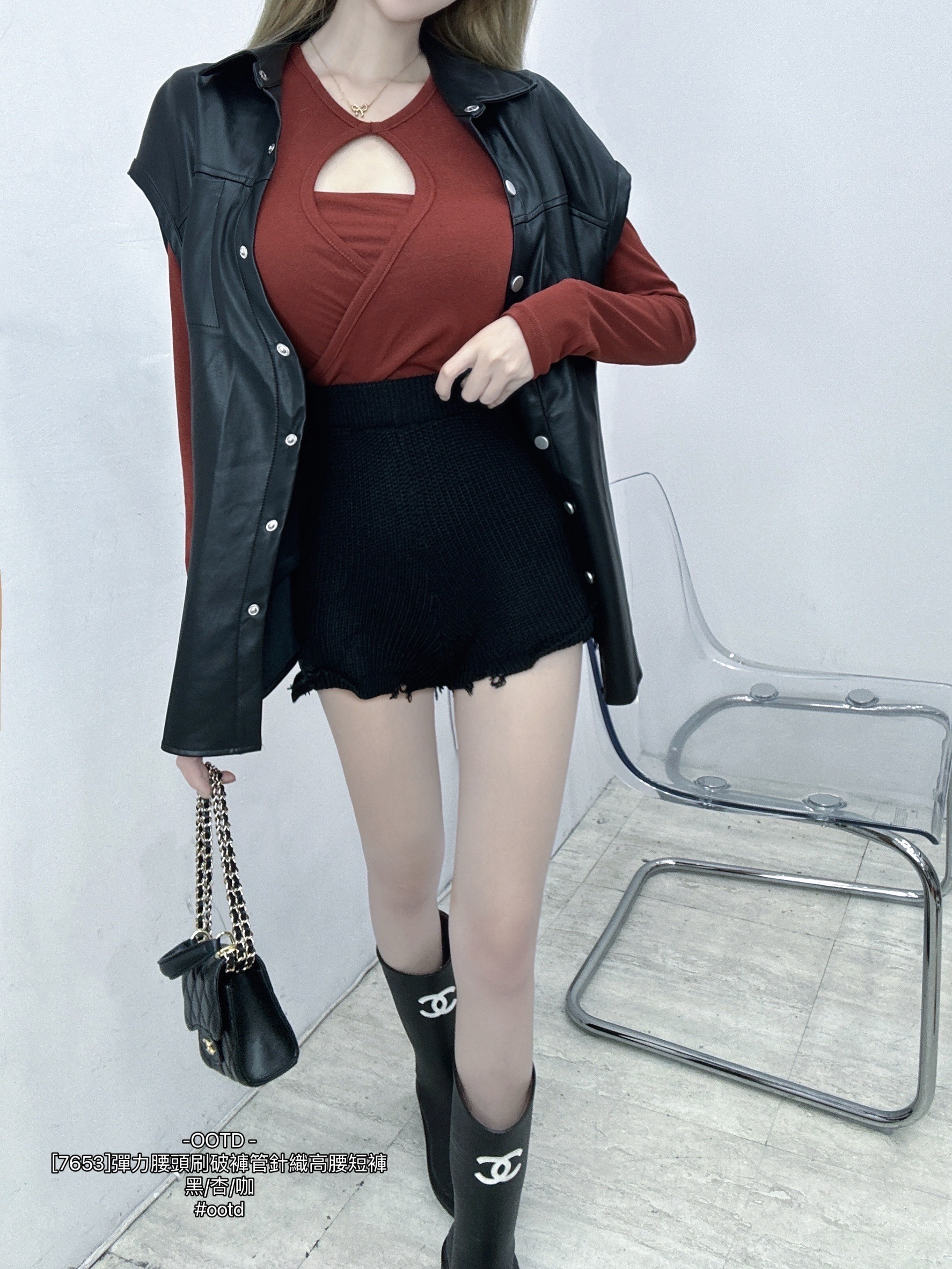 [7653]彈力腰頭刷破褲管針織高腰短褲 (8)