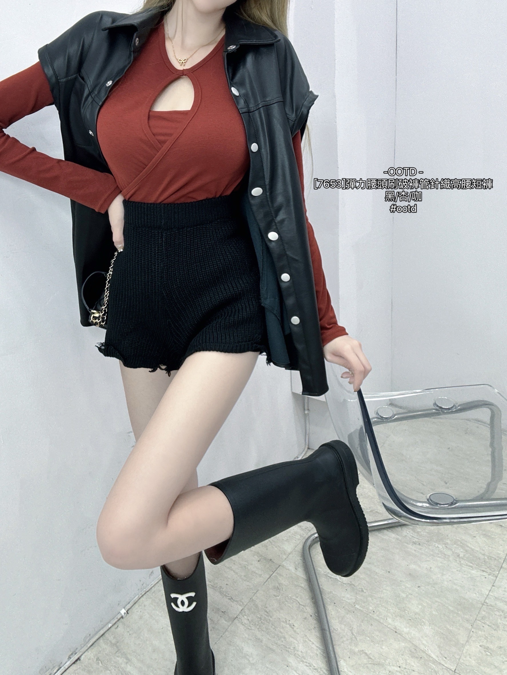 [7653]彈力腰頭刷破褲管針織高腰短褲 (9)