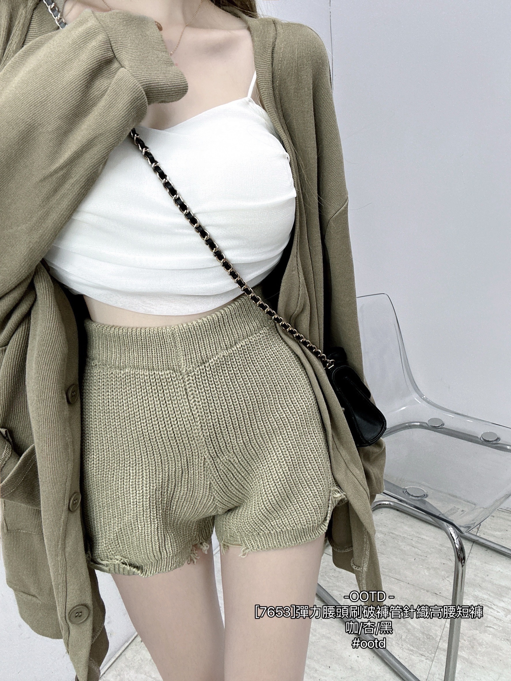 [7653]彈力腰頭刷破褲管針織高腰短褲 (4)