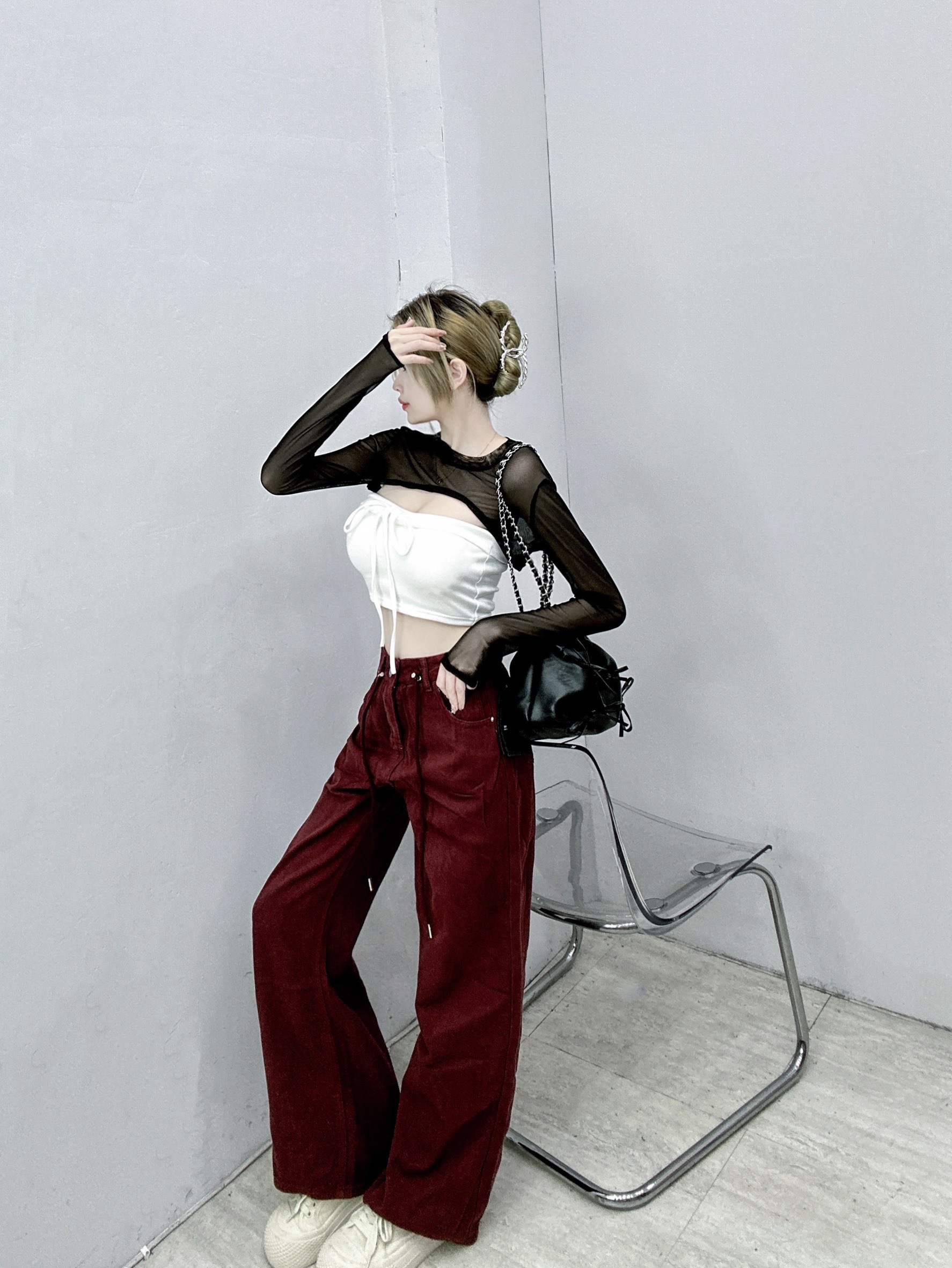 [1009-3]腰頭綁繩高腰素面牛仔寬褲