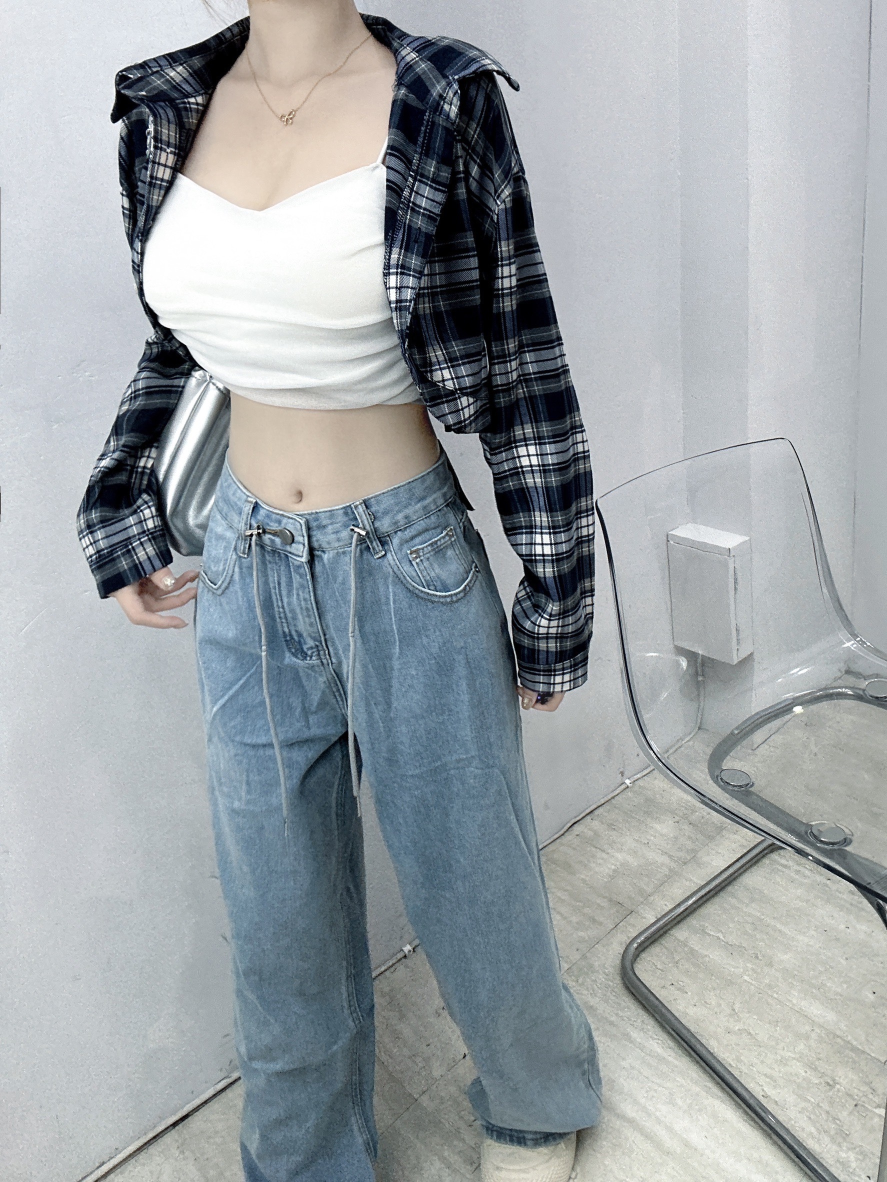 [1009-3]腰頭綁繩高腰素面牛仔寬褲 (12)