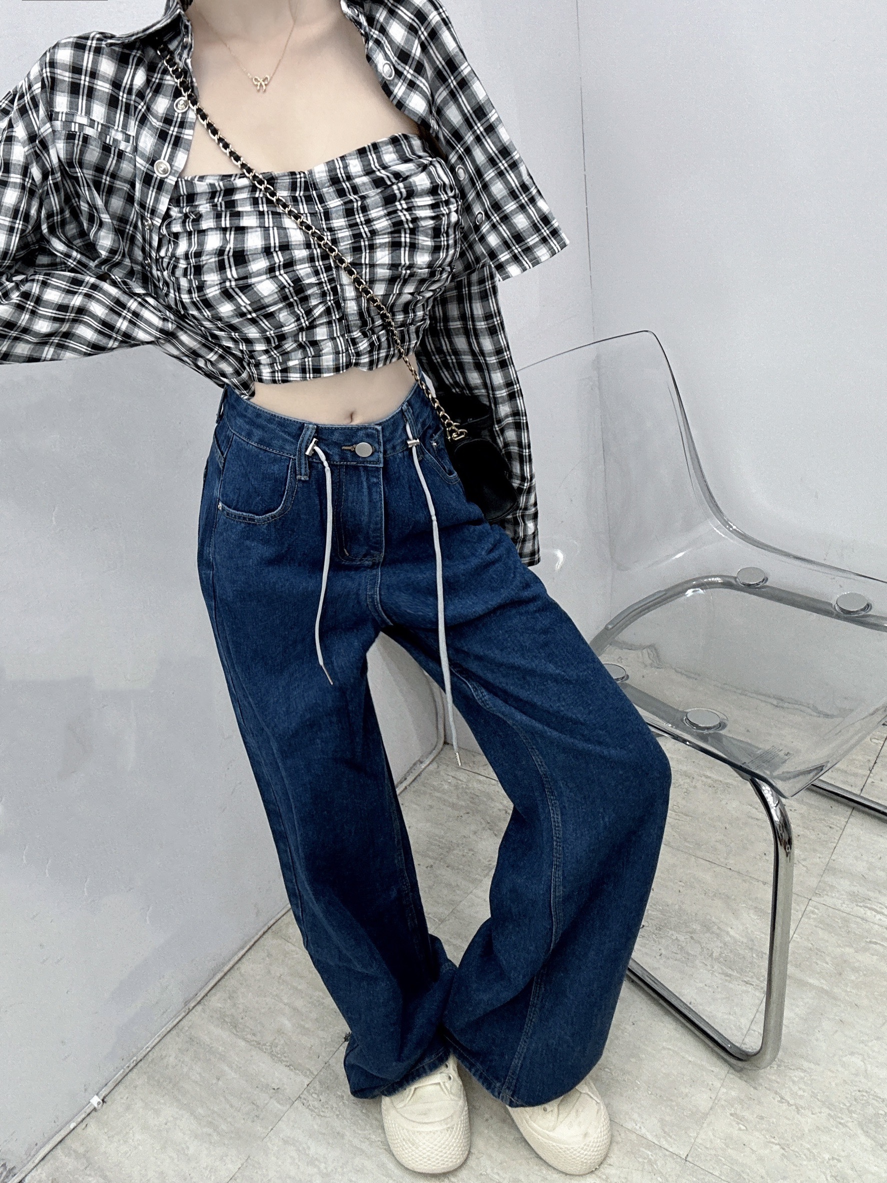 [1009-3]腰頭綁繩高腰素面牛仔寬褲 (2)