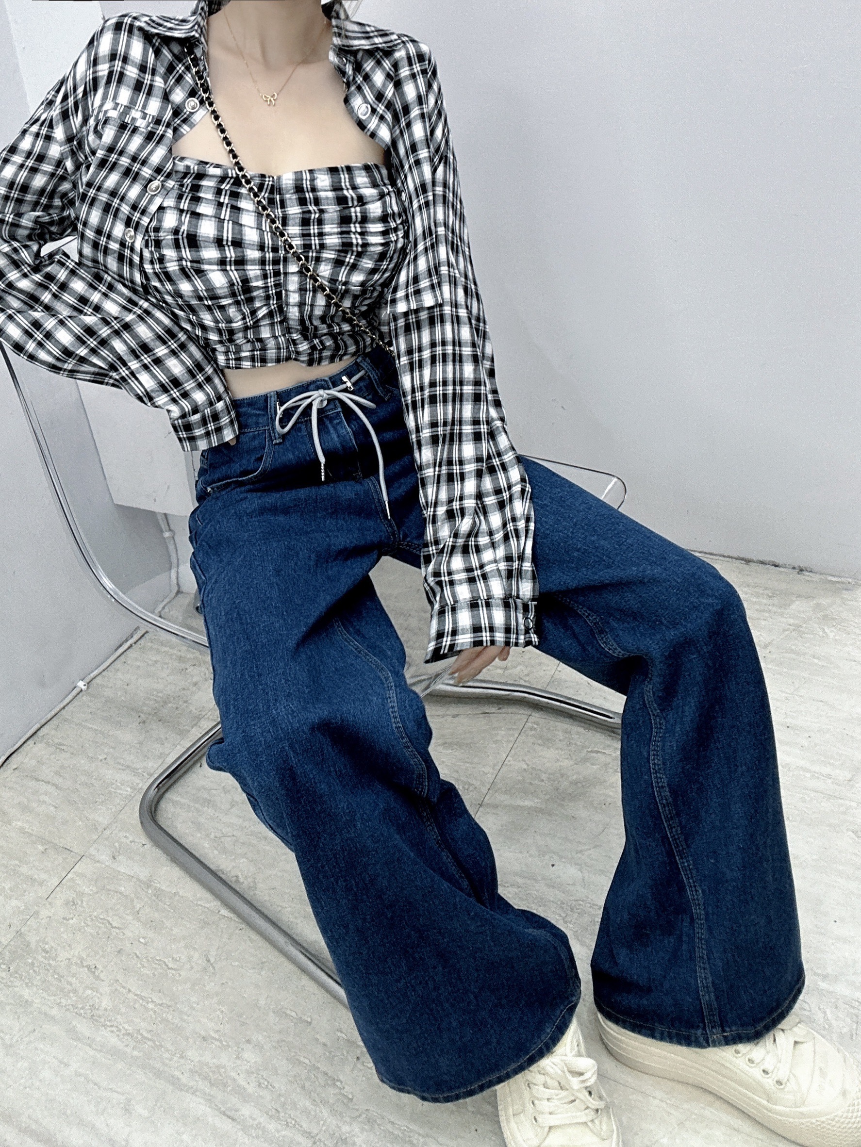 [1009-3]腰頭綁繩高腰素面牛仔寬褲 (3)