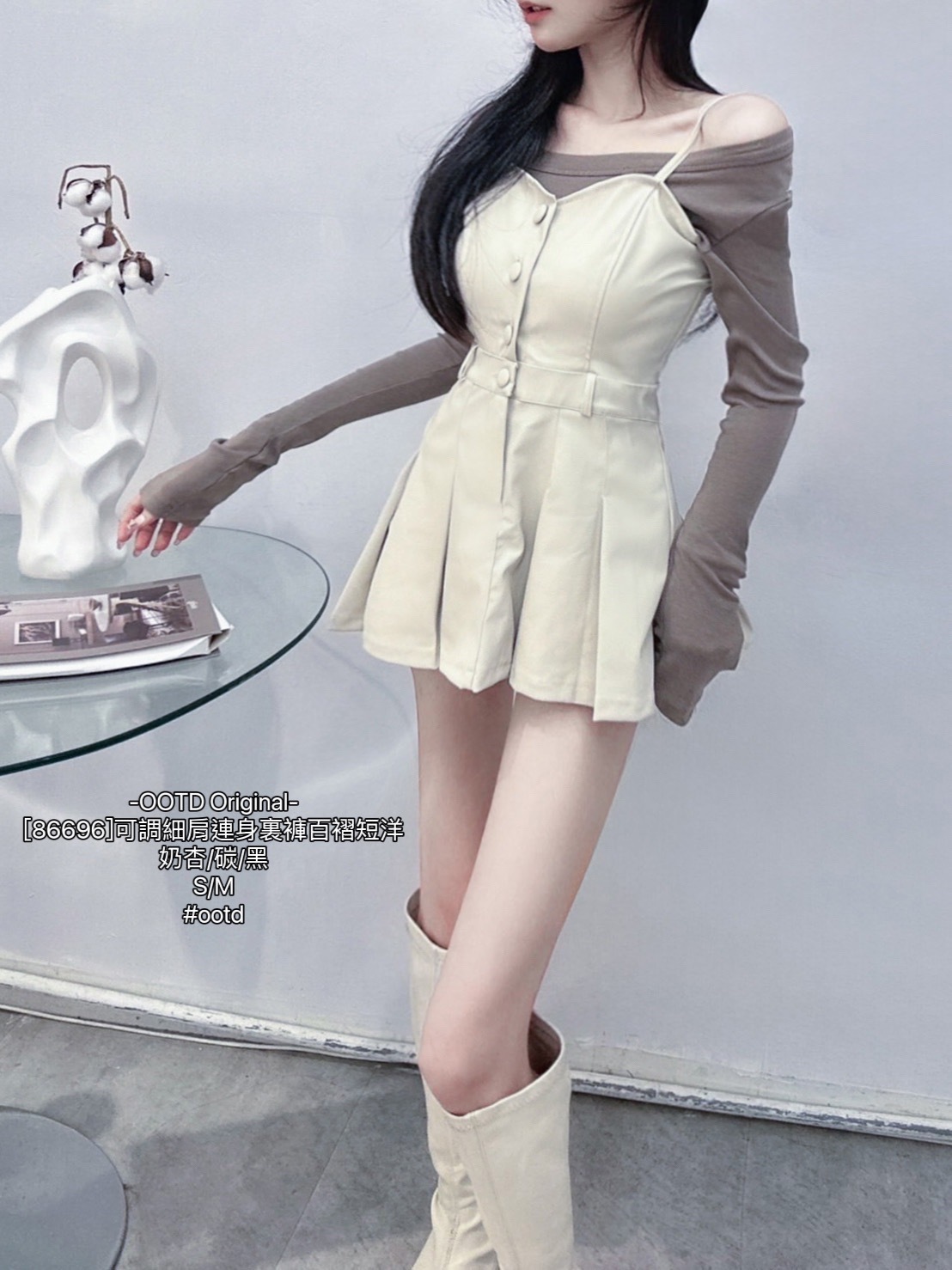 [86696]可調細肩連身裏褲百褶短洋 (2)
