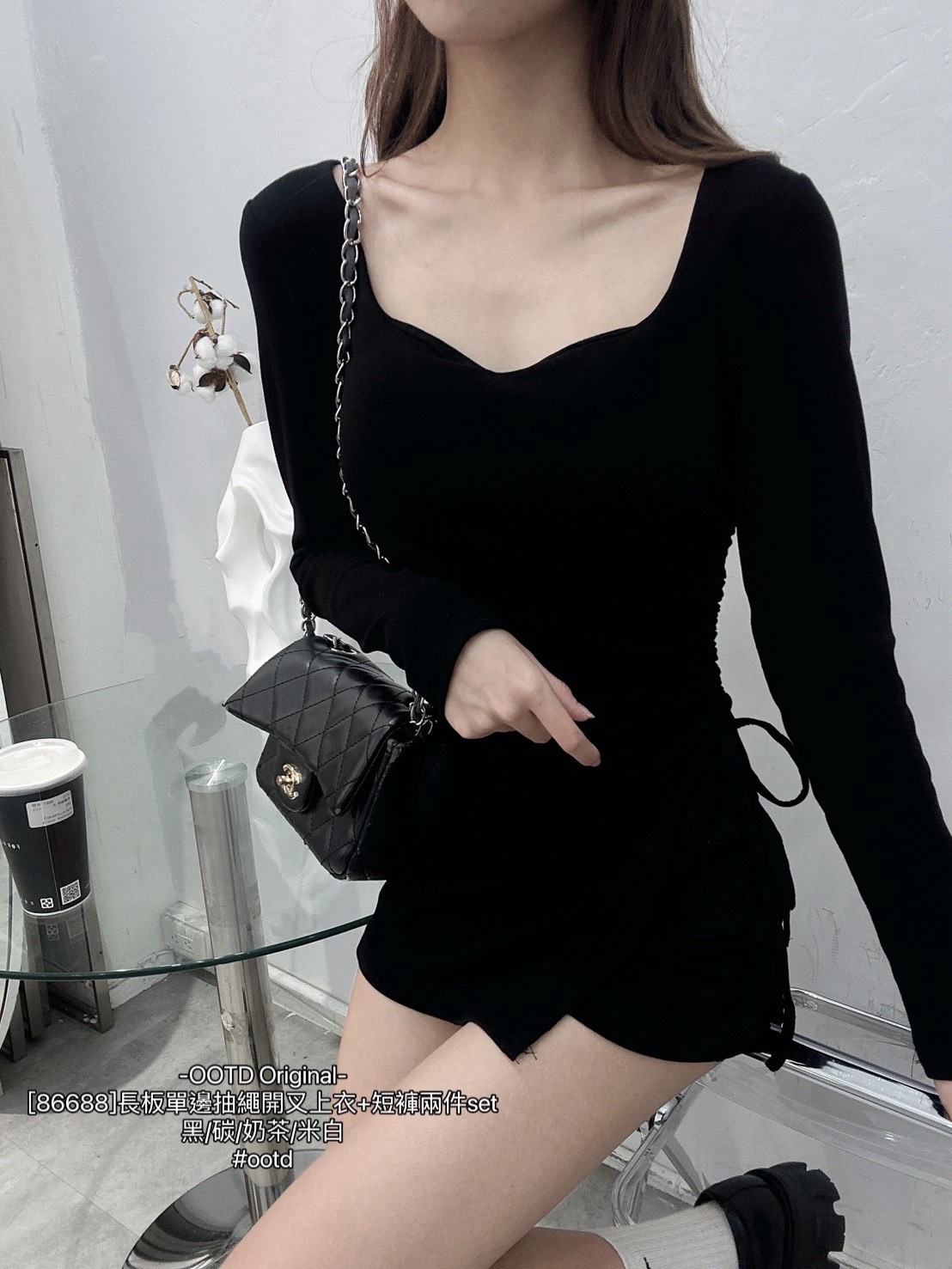 [86688]長板單邊抽繩開叉上衣+短褲兩件set (9)