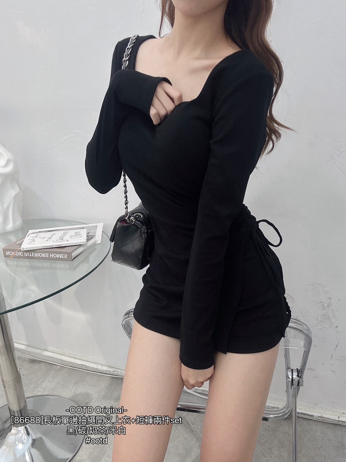 [86688]長板單邊抽繩開叉上衣+短褲兩件set (8)