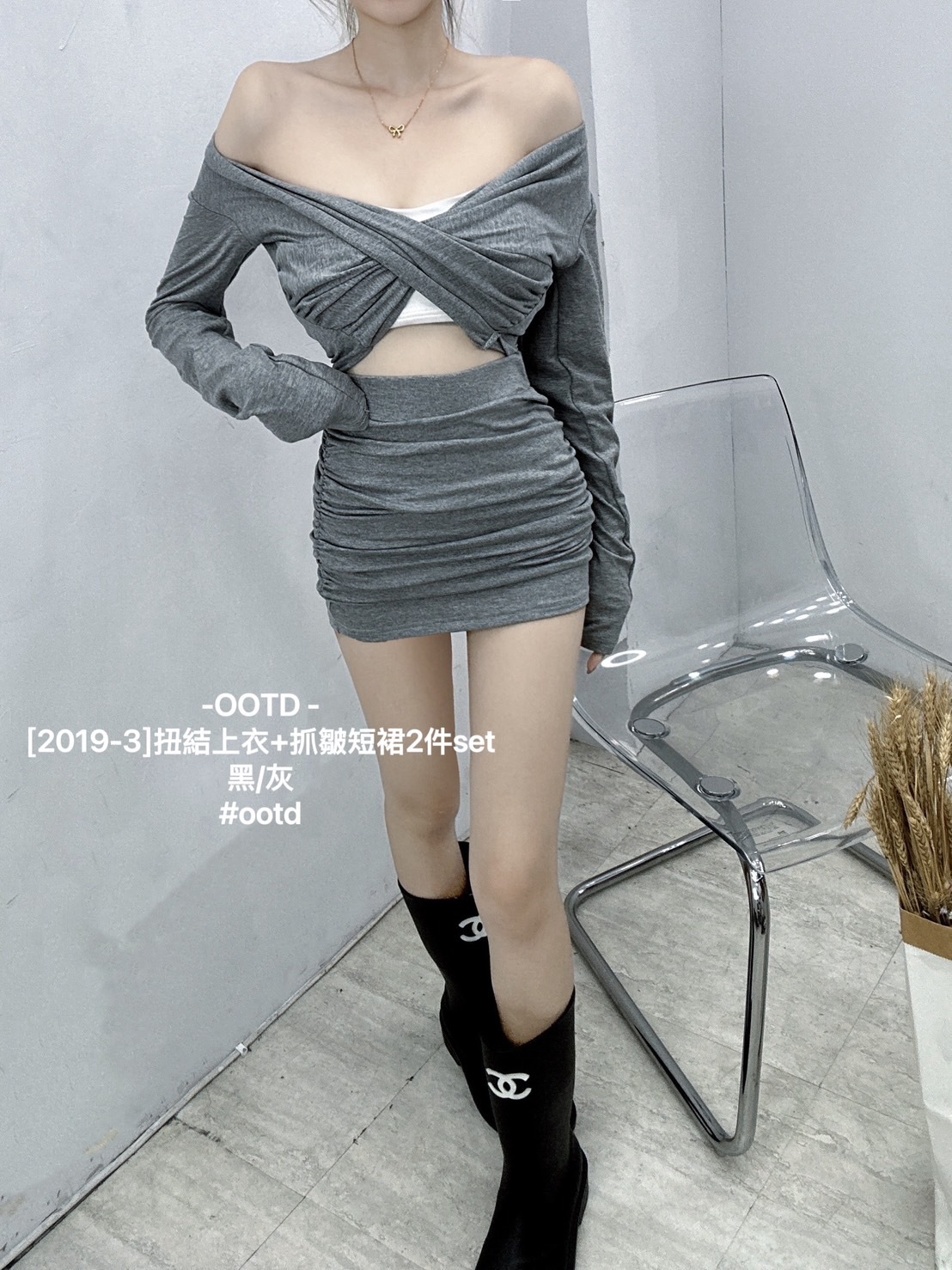 [2019-3]扭結上衣+抓皺短裙2件set (4)