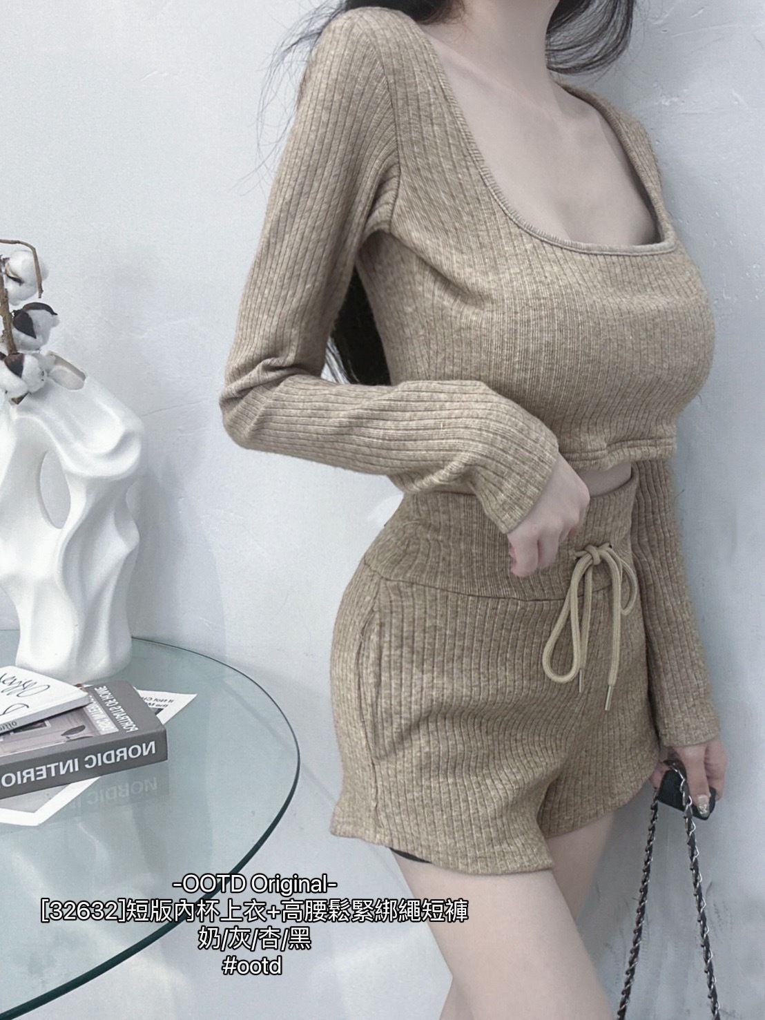 [32632]短版內杯上衣+高腰鬆緊綁繩短褲 (6)