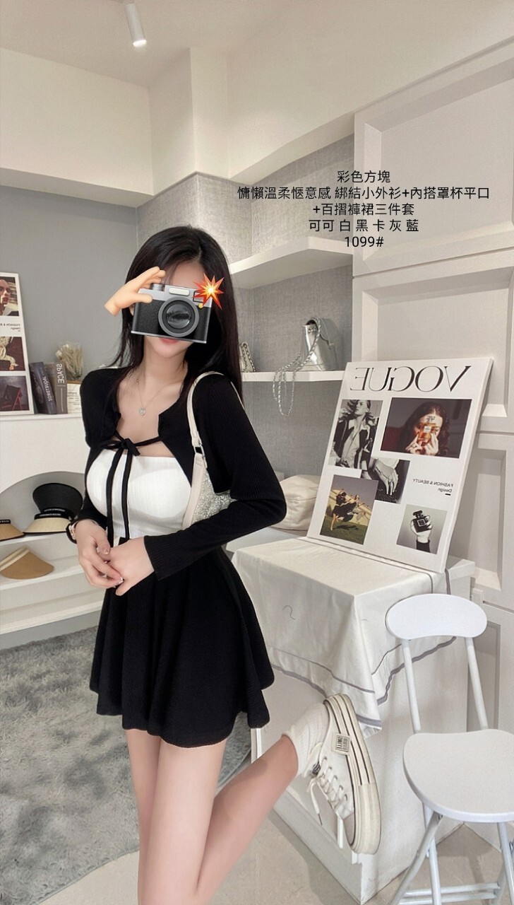 1099慵懶溫柔愜意感 綁結小外衫+內搭罩杯平口+百摺褲裙三件套 (11)