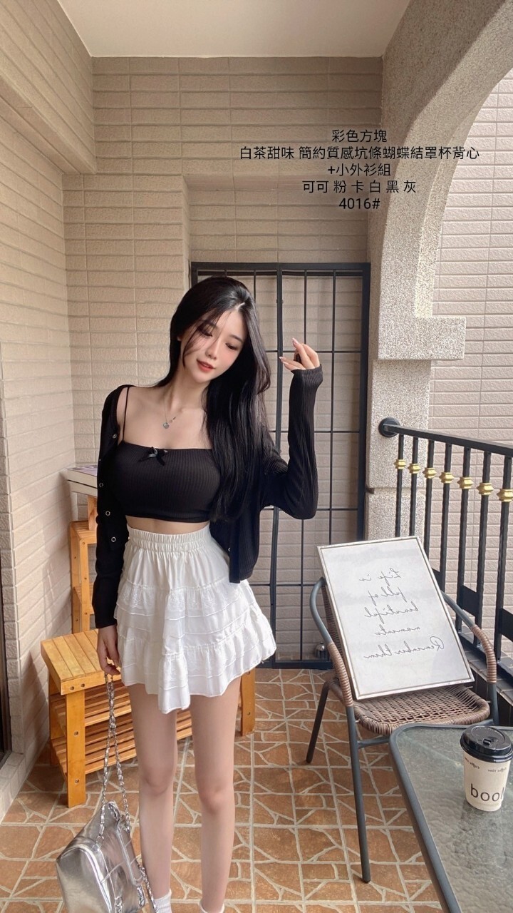 4016白茶甜味 簡約質感坑條蝴蝶結罩杯背心+小外衫組 (6)