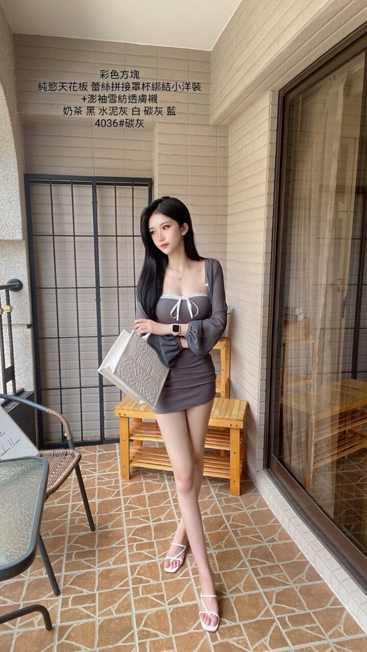 4036純慾天花板 蕾絲拼接罩杯綁結小洋裝+澎袖雪紡透膚襯