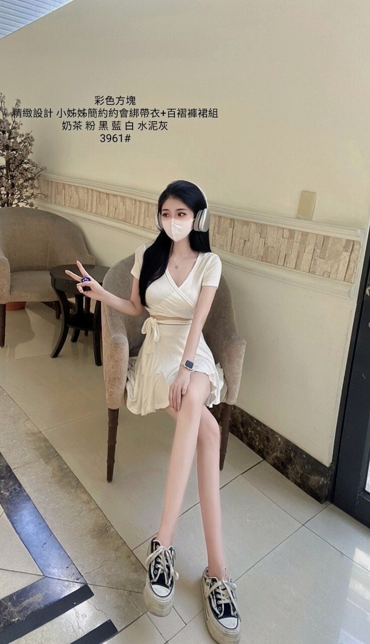 3961精緻設計 小姊姊簡約約會綁帶衣+百褶褲裙組 (5)