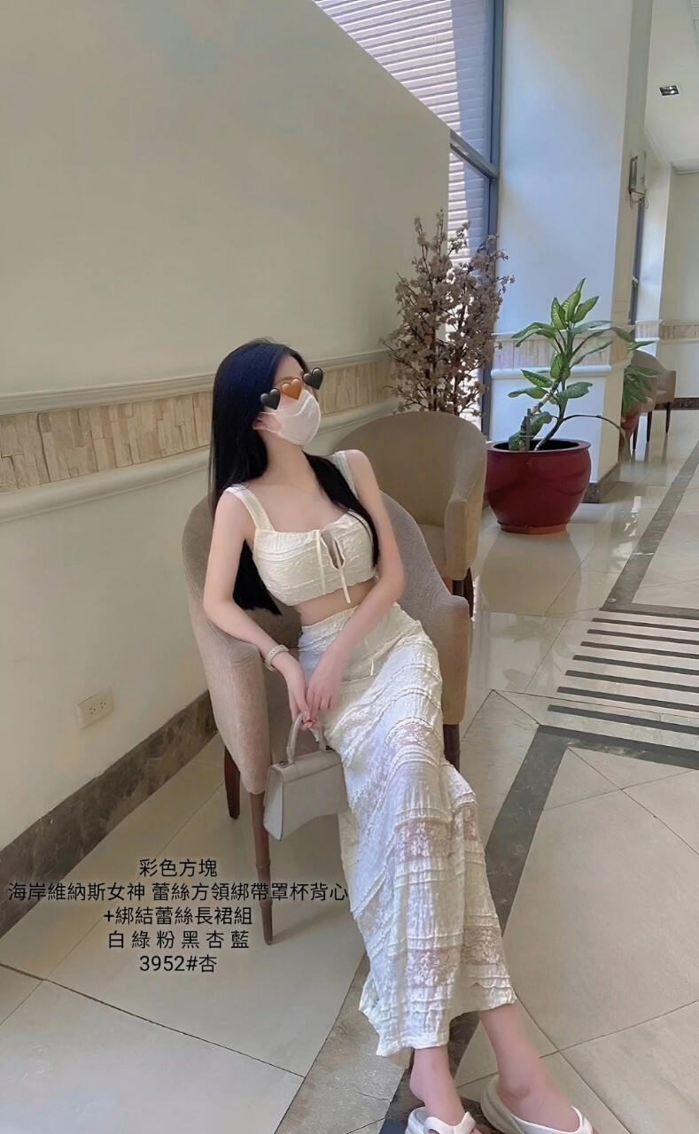 3952海岸維納斯女神 蕾絲方領綁帶罩杯背心+綁結蕾絲長裙組 (4)