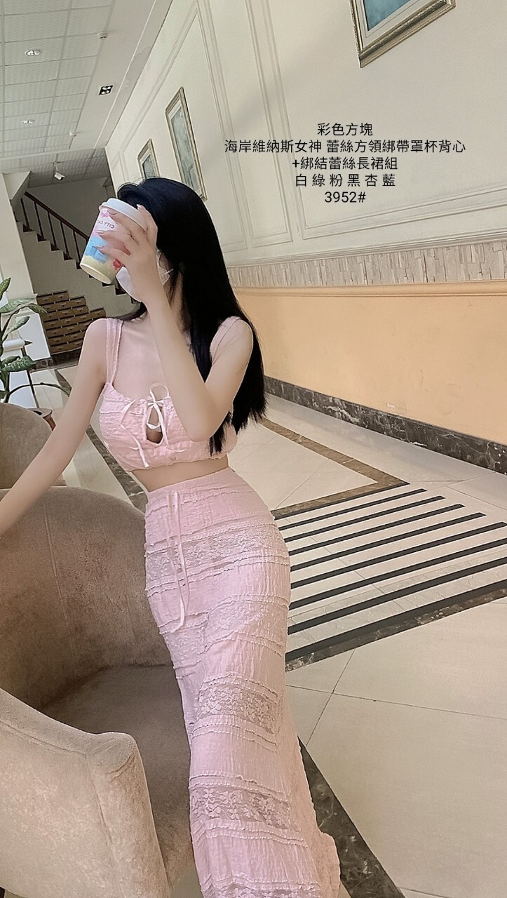 3952海岸維納斯女神 蕾絲方領綁帶罩杯背心+綁結蕾絲長裙組 (6)
