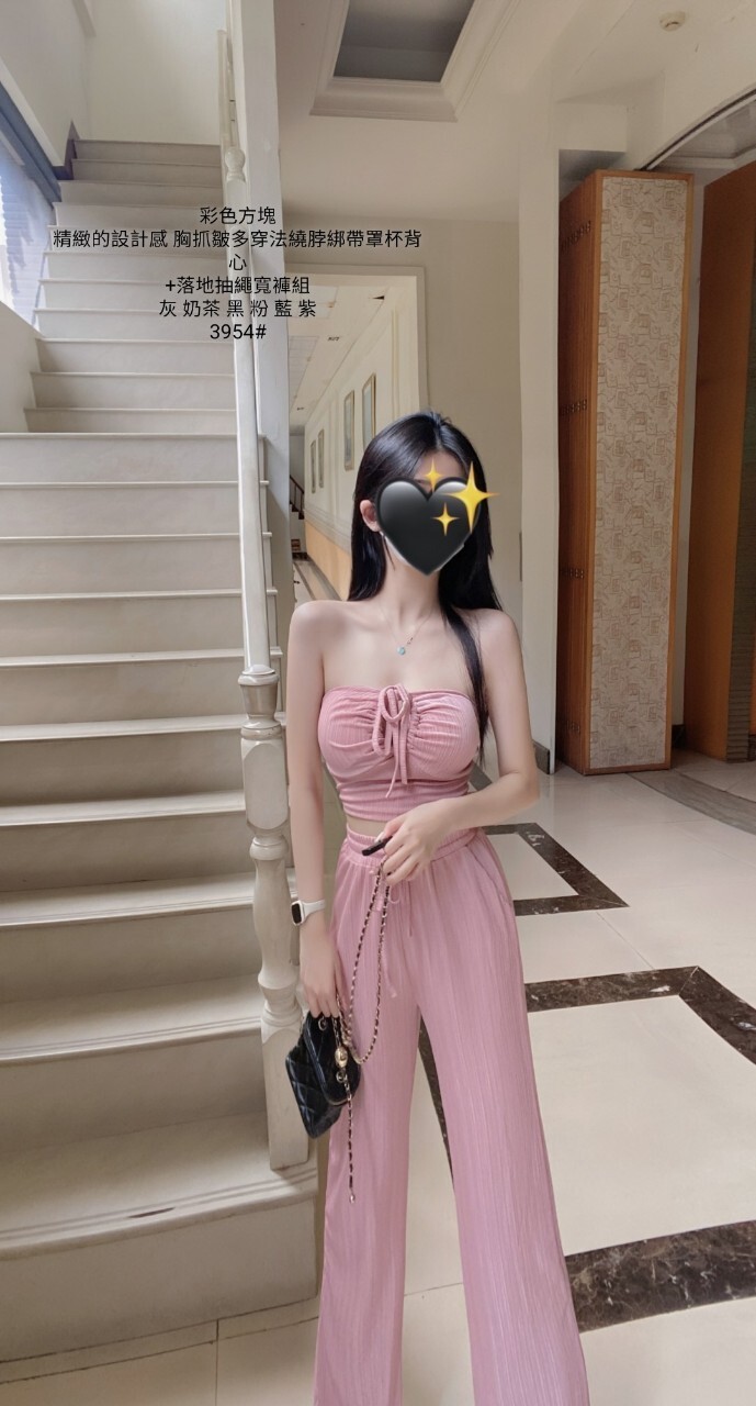 3954精緻的設計感 胸抓皺多穿法繞脖綁帶罩杯背心+落地抽繩寬褲組 (4)