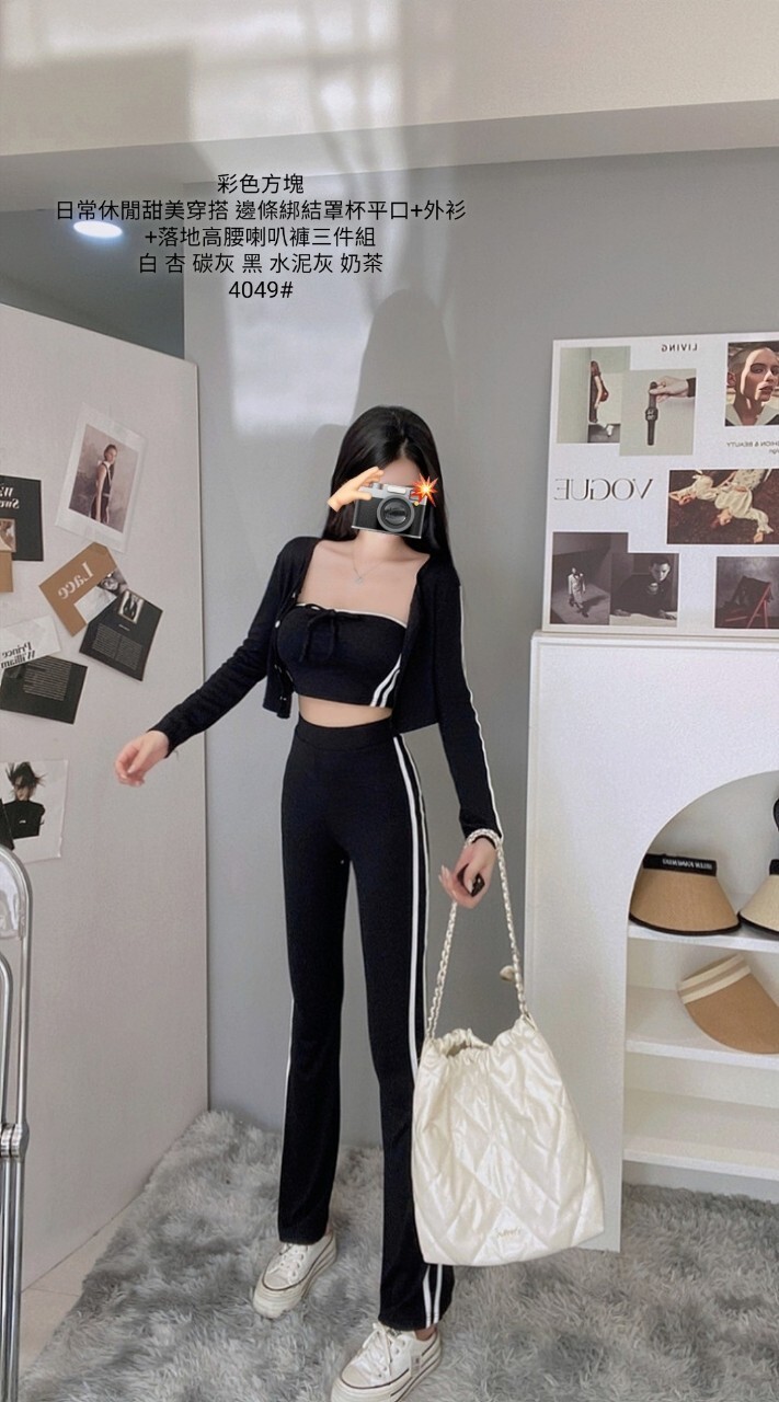 4049日常休閒甜美穿搭 邊條綁結罩杯平口+外衫+落地高腰喇叭褲三件組 (6)