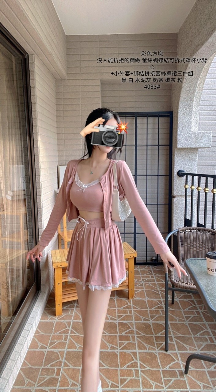 4033沒人能抗拒的精緻 蕾絲蝴蝶結可拆式罩杯小背心+小外套+綁結拼接蕾絲褲裙三件組 (3)